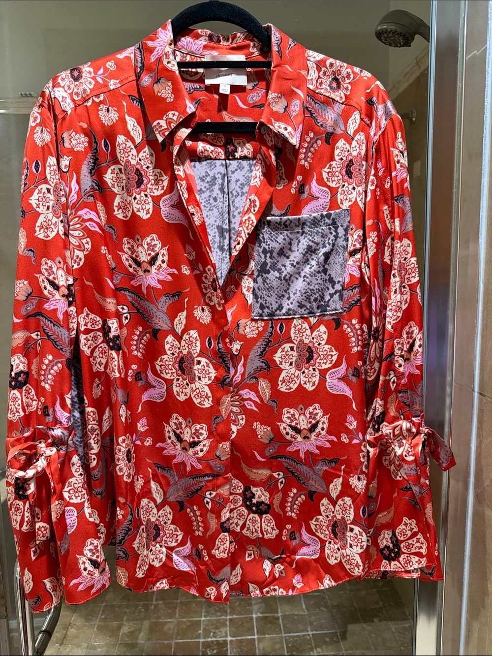 cinq a sept Red Floral Button-Down Shirt with Contrast Pocket